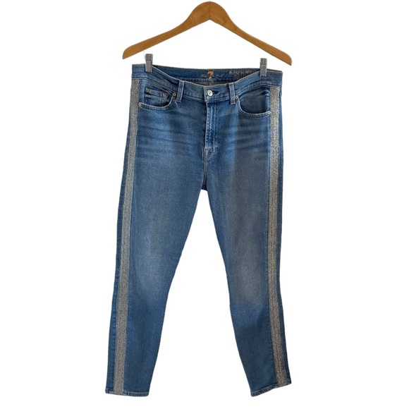 7 For All Mankind High Waist Ankle Skinny Jeans With Silver Shimmer Side Stripe - Picture 2 of 14